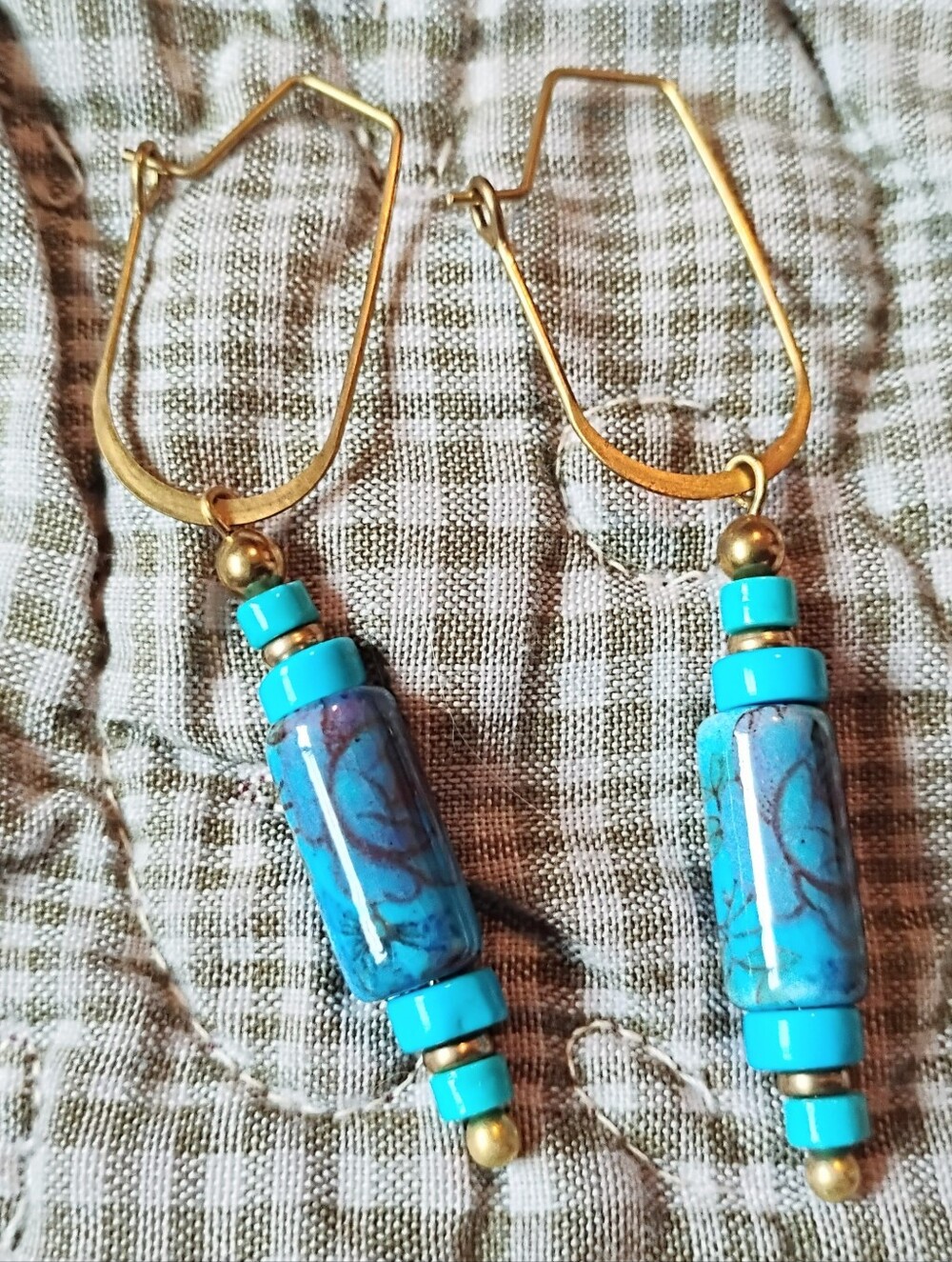 Handmade Turquoise Rose Beaded Dangle Hoops